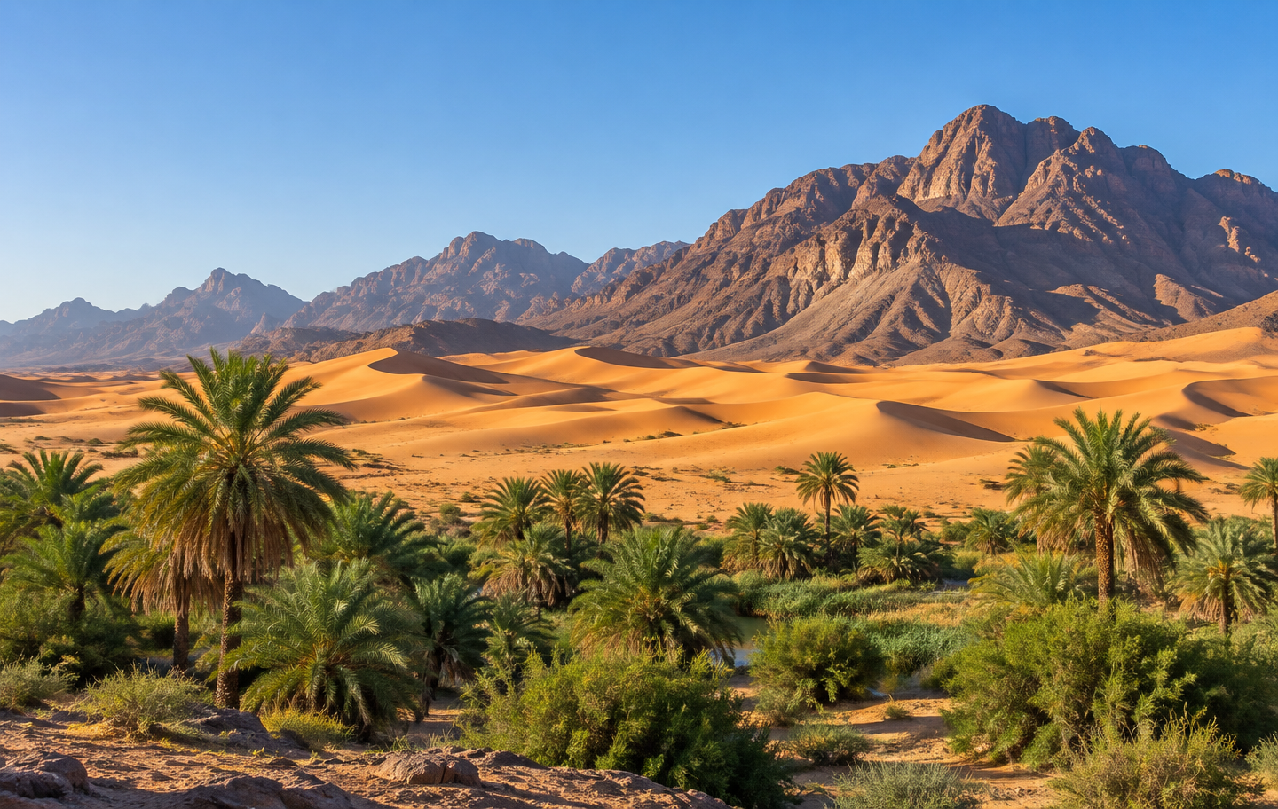 منظر طبيعي سعودي يضم كثبانًا رملية وجبالًا ونخيلًا